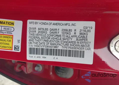 2019 Honda Accord Sport из США, поврежденный, VIN 1HGCV1F33KA073867